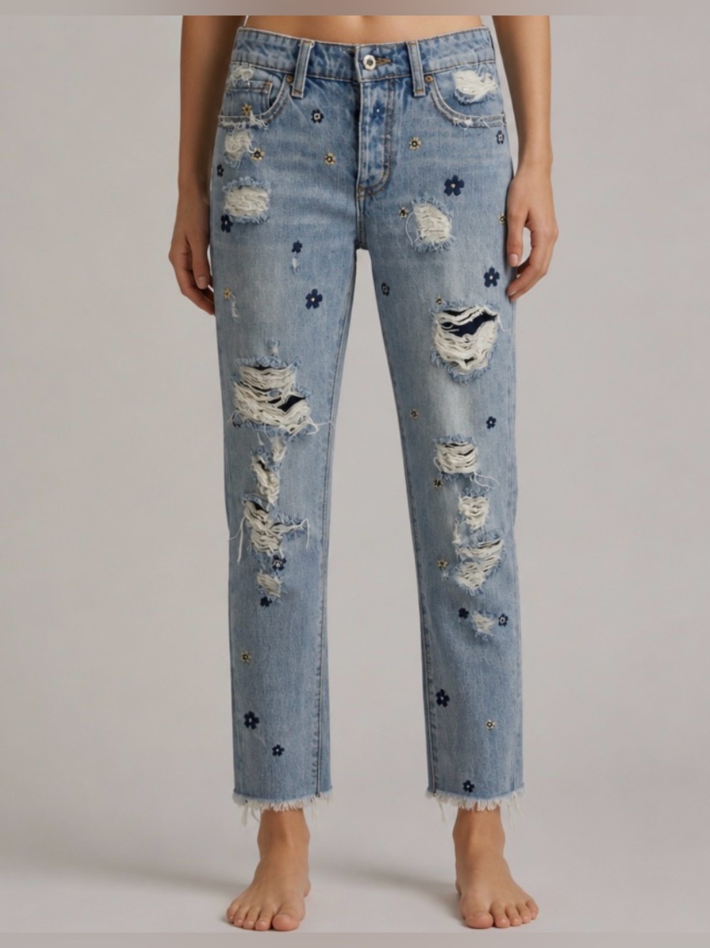 LUCKY BRAND Sienna Slim Distressed Jeans with Embroidered Floral Details